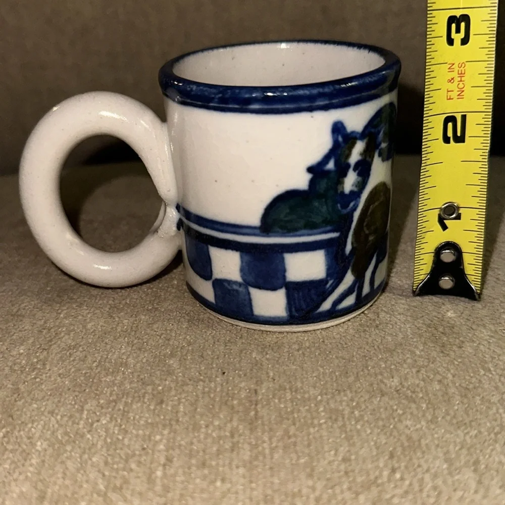 DEBBIE DEAN Small Handmade Signed Folk Art Blue/White Pottery Mini Mug 2.5”
